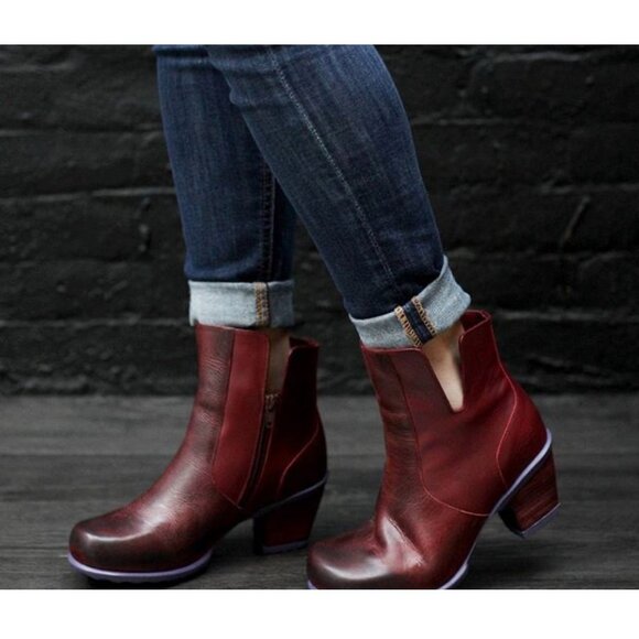 John Fluevog Hopefuls Rosy Buffed Toe Leather Bootie Burgundy Size 10.5 - Picture 2 of 9